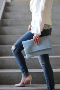 serenity clutch by gigi new york, skinny jeans by citizens of humanity and lace cami with white blazer