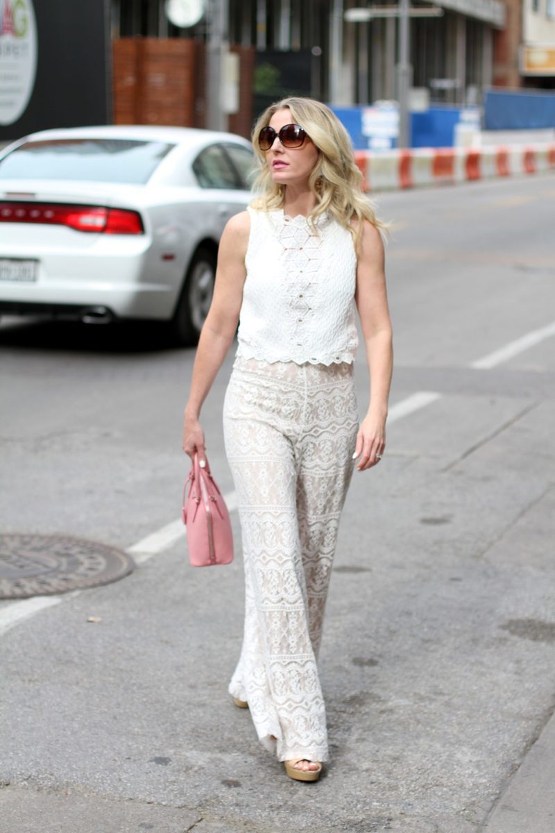 alice and olivia lace wide leg pants with a rebecca taylor white crochet crop top