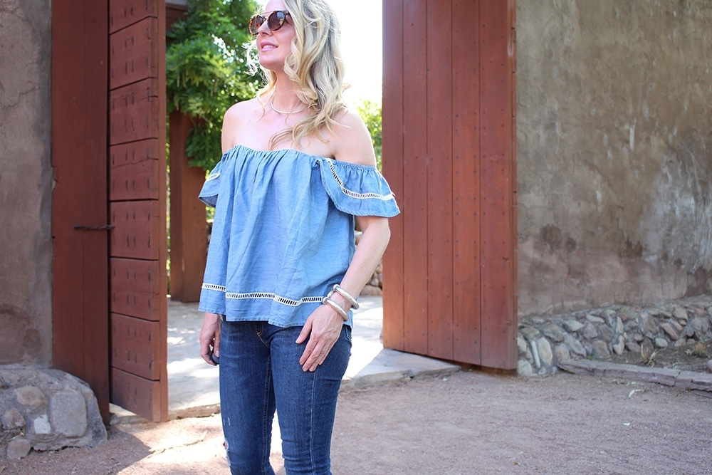 off shoulder top by lovers + friends in chambray and skinny jeans by rag & bone