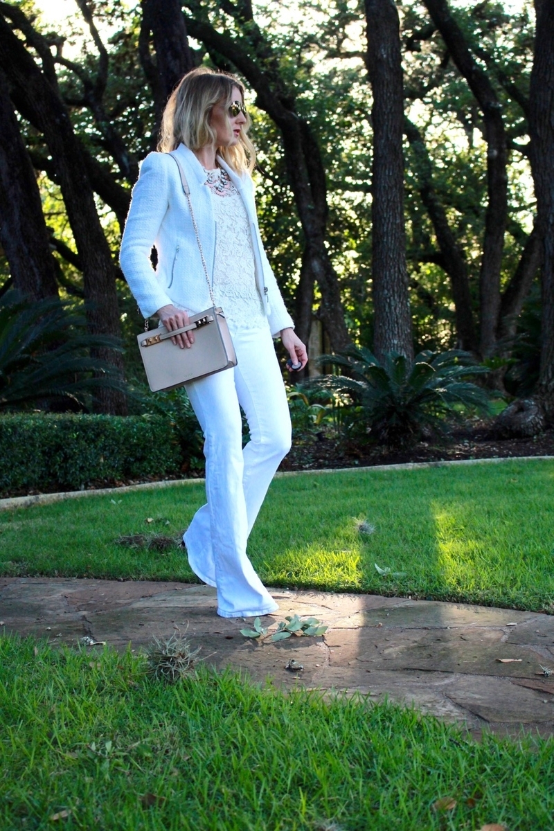 Wearing White, White flared jeans, white blazer and white lace top with texture