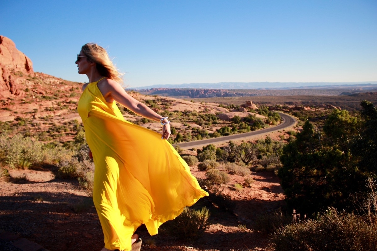 Color Trend, Yellow, bright yellow, moab, utah, arches national park, yellow maxi dress