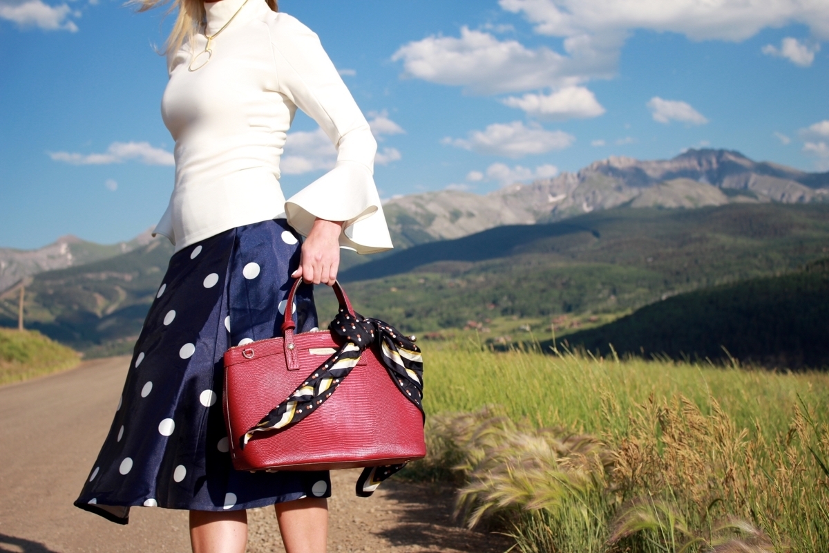 Polka Dots, skirt, midi skirt, red handbag, white top, bell sleeve top