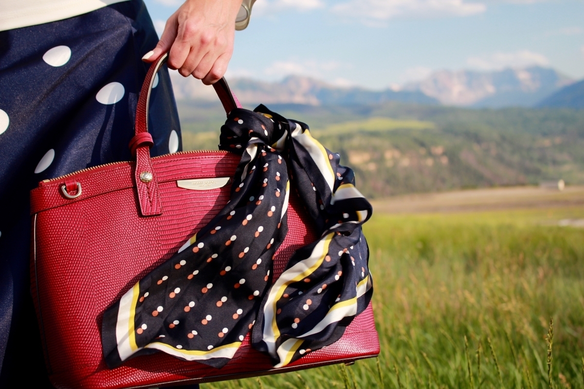 Polka Dots, Red handbag, scarves, skirt, midi skirt, mountains, telluride