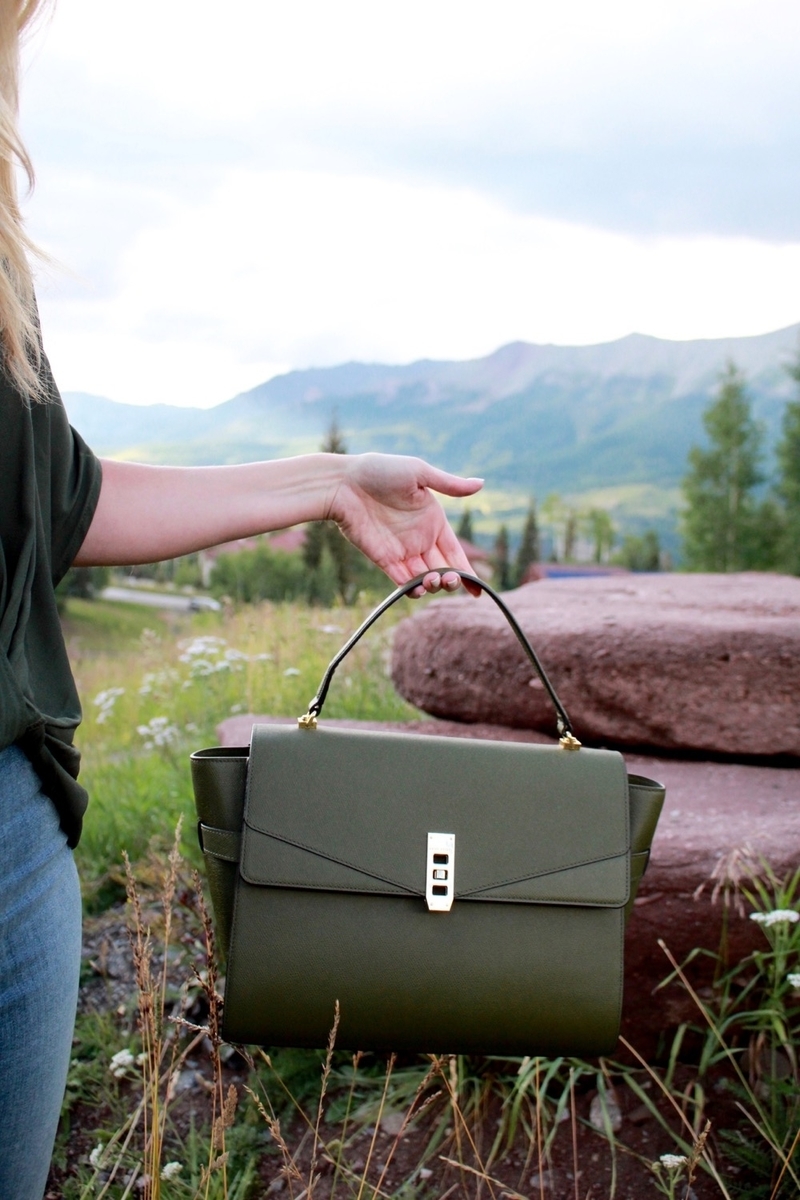 Green Handbag, mountains, olive green, uptown satchel, trendy handbag, tall grass, busbee style