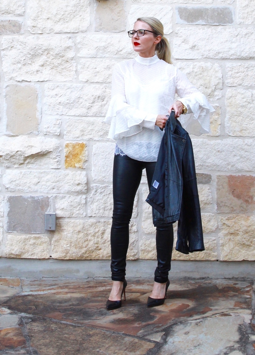 Olivia Palermo, Nordstrom, white blouse, ruffle sleeve, balloon sleeve, victorian blouse, swiss dot, sheer blouse, what to wear, oak trees, fashion, trending, trend, fall fashion trends,