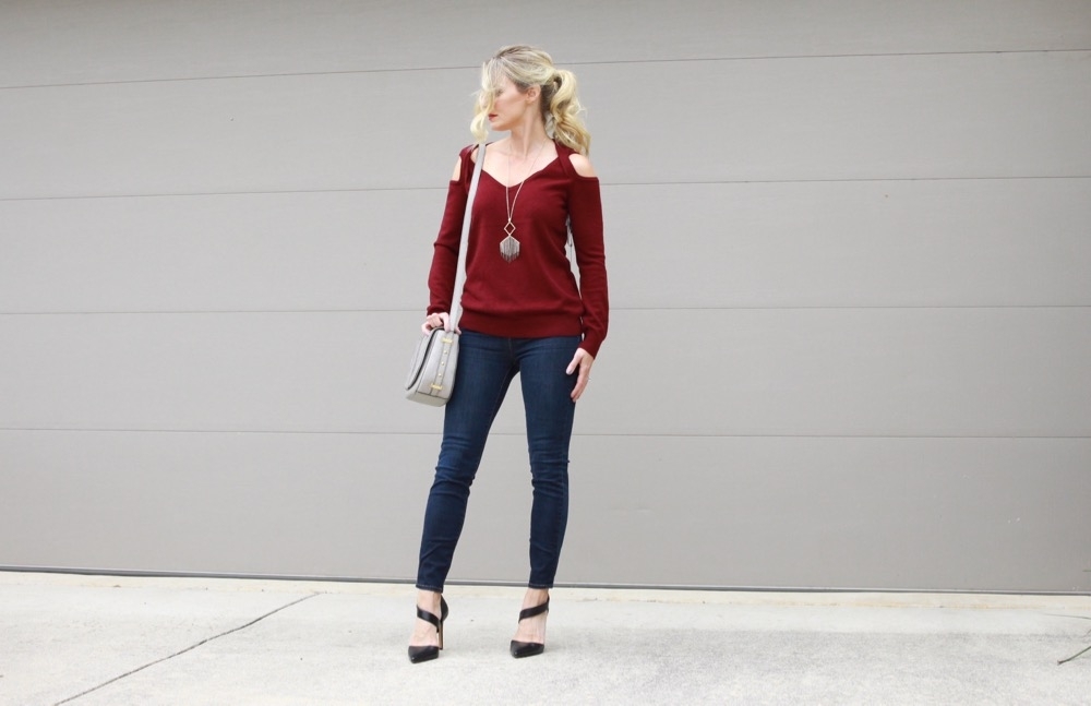 Hot Fall Color, skinny jeans, pumps, black pumps, cold shoulder, cashmere, sweater, berry, burgundy, sweaters, fall fashion, color trends, erin busbee