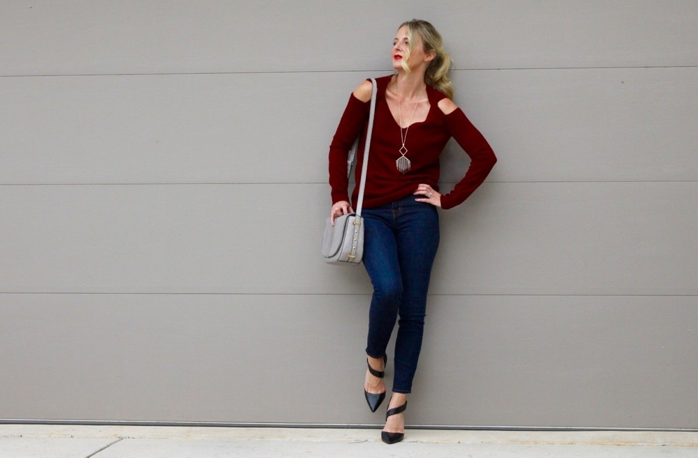 Hot Fall Color, berry, tones, color trends, neiman marcus last call, outlet store, savings, affordable, shopping, wardrobe, fashion over 40, fashion blogger, gray crossbody bag, skinny jeans, pendant necklace