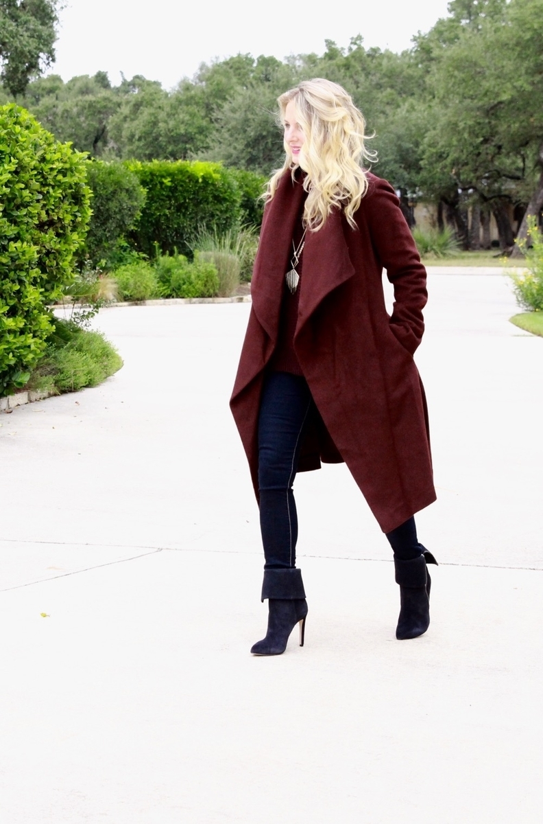 Hot Fall Color, berry, burgundy, wrap coat, smile, red lipstick, berry, blond, affordable, fashions, shopping, wardrobe, fall fashion trends, what to wear, cashmere sweater, skinny jeans, booties, sale, wrap coat