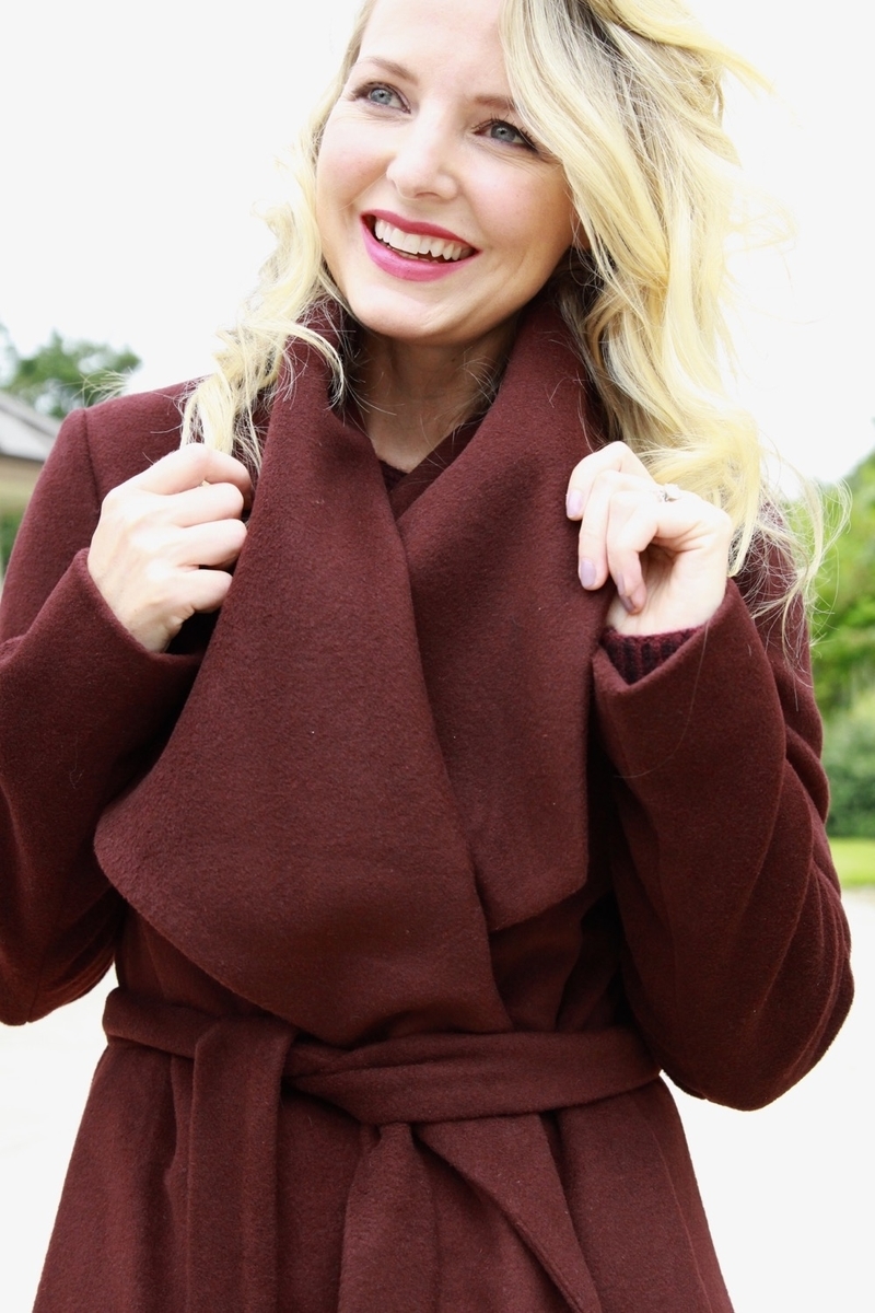 Hot Fall Color, berry, burgundy, wrap coat, smile, red lipstick, berry, blond, affordable, fashions, shopping, wardrobe, fall fashion trends, what to wear