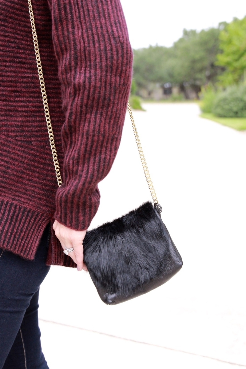 Hot Fall Color, berry, burgundy, wrap coat, smile, red lipstick, berry, blond, affordable, fashions, shopping, wardrobe, fall fashion trends, what to wear, fur bag, small fur bag, rabbit, black evening bag, chain link handle, handbags, sweater