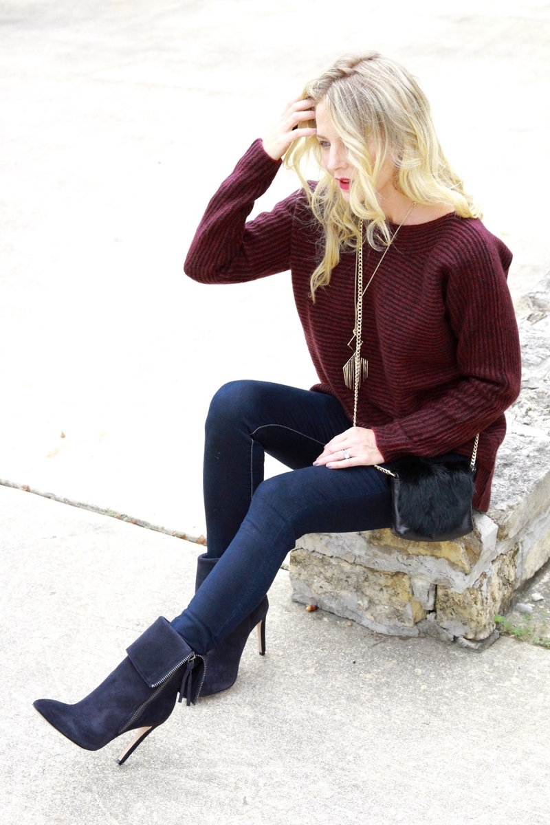 Hot Fall Color, berry, burgundy, wrap coat, smile, red lipstick, berry, blond, affordable, fashions, shopping, wardrobe, fall fashion trends, what to wear, fall fashion, skinny jeans, fur bag, booties