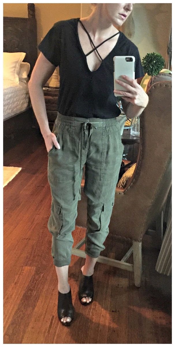What I Wore, LNA, criss cross tee, black tee, cargo pants, joggers, booties, mules, slides, vince cameo, erin busbee