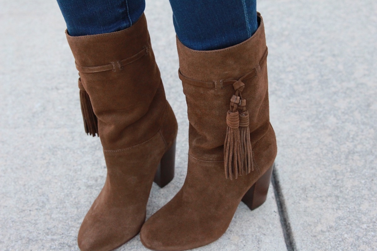 Vince Camuto, pick of the week, boots, tassels, brown, suede, calf high, booties, jeans, skinny jeans, slouchy boots