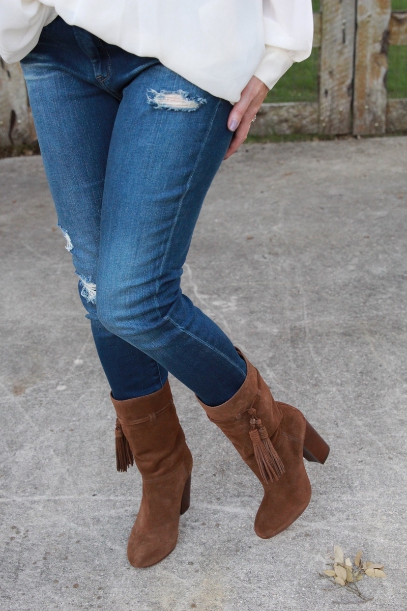 Vince Camuto, suede boots, calf-high boots, tassels, suede, brown boots, skinny jeans, victorian blouse