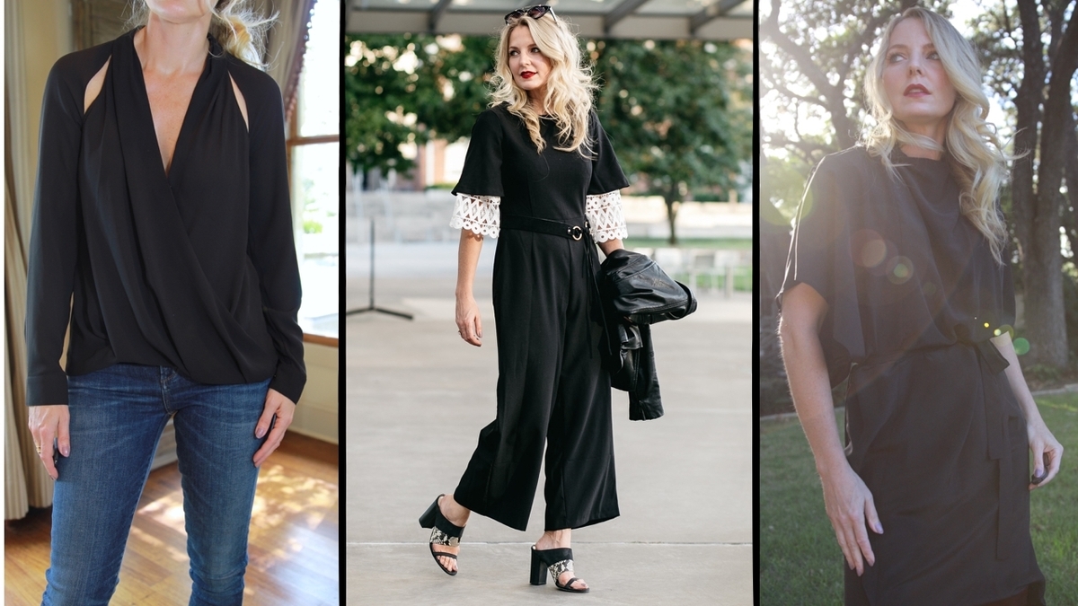 Three simple and chic outfits from my trip to Dallas, 2 are versatile black dresses and one is a black top with cutouts and dark wash skinny jeans by rag & bone