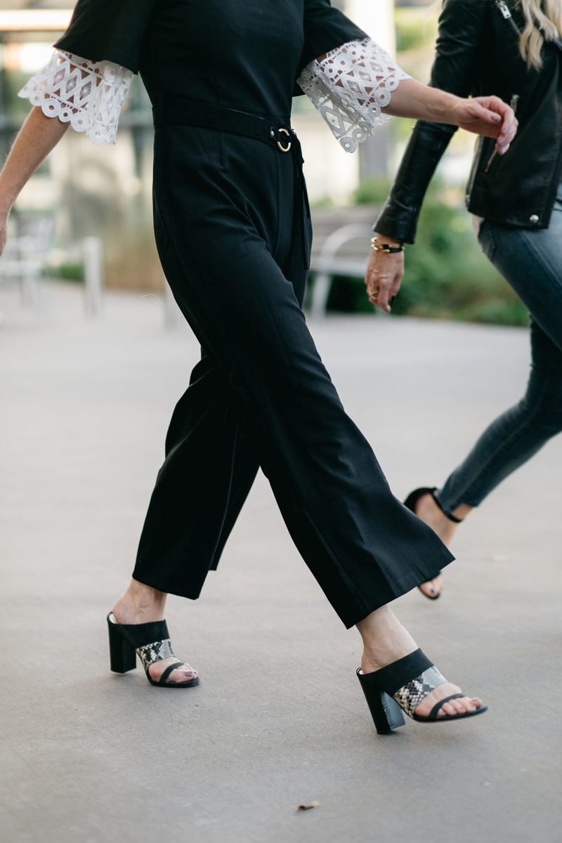 Asos wide leg black jumpsuit with M.Gemi black and python slides in dallas, texas