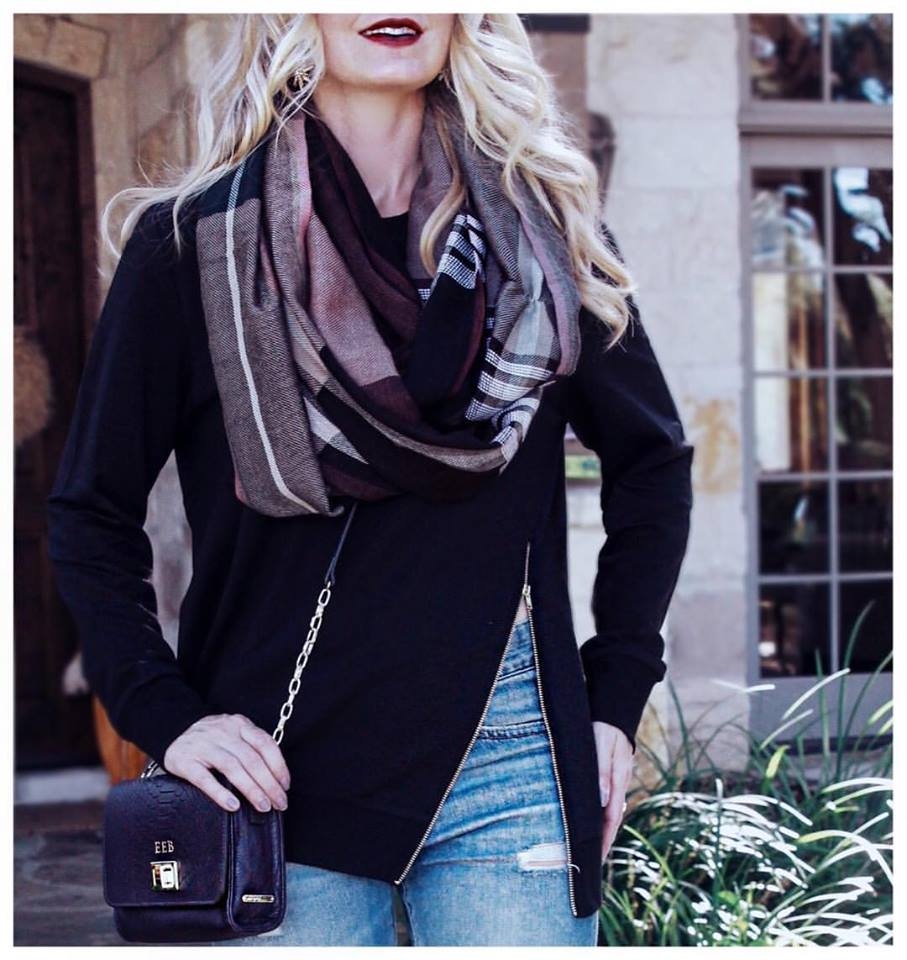 erin busbee wearing a burgundy infinity scarf and black c&c california sweatshirt with side zipper and 