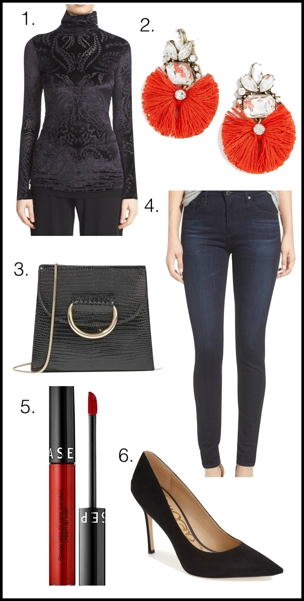 simple and easy holiday party outfit idea with dark wash skinny jeans by agolde, black velvet turtleneck by fuzzy, red earrings by baublebar, a mini lizard bag from netaporter and velvet pumps by sam edelman