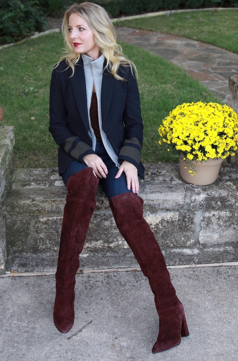 mums placed next to wardrobe stylist erin busbee, wearing over the knee burgundy suede boots from nordstrom by marc fisher