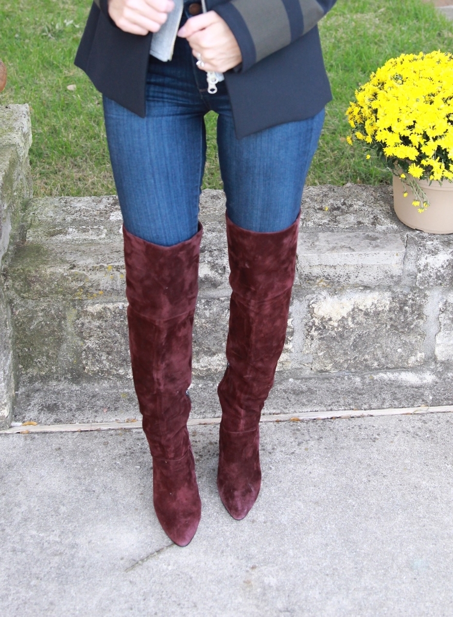 burgundy tall boots with dark wash skinny jeans