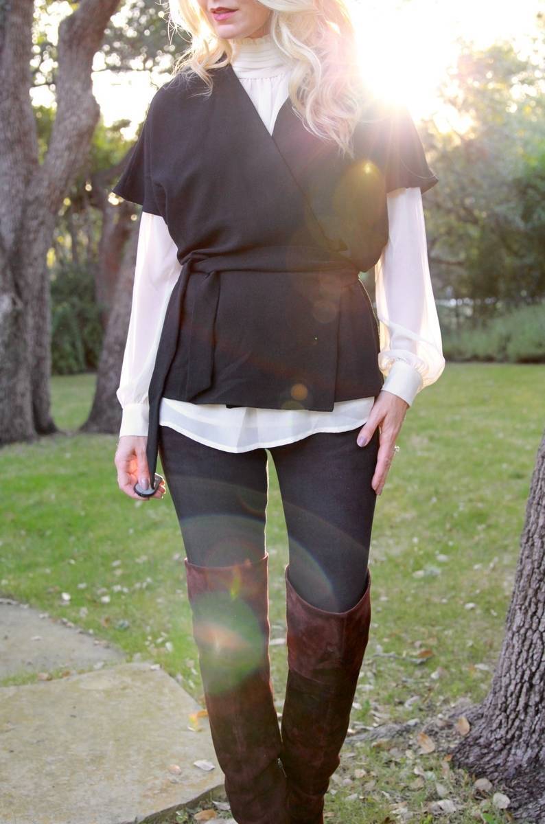 Black kimono top layered over a victorian blouse by vince camuto in ivory, paired with skinny jeans and burgundy suede over the knee boots by Marc Fisher