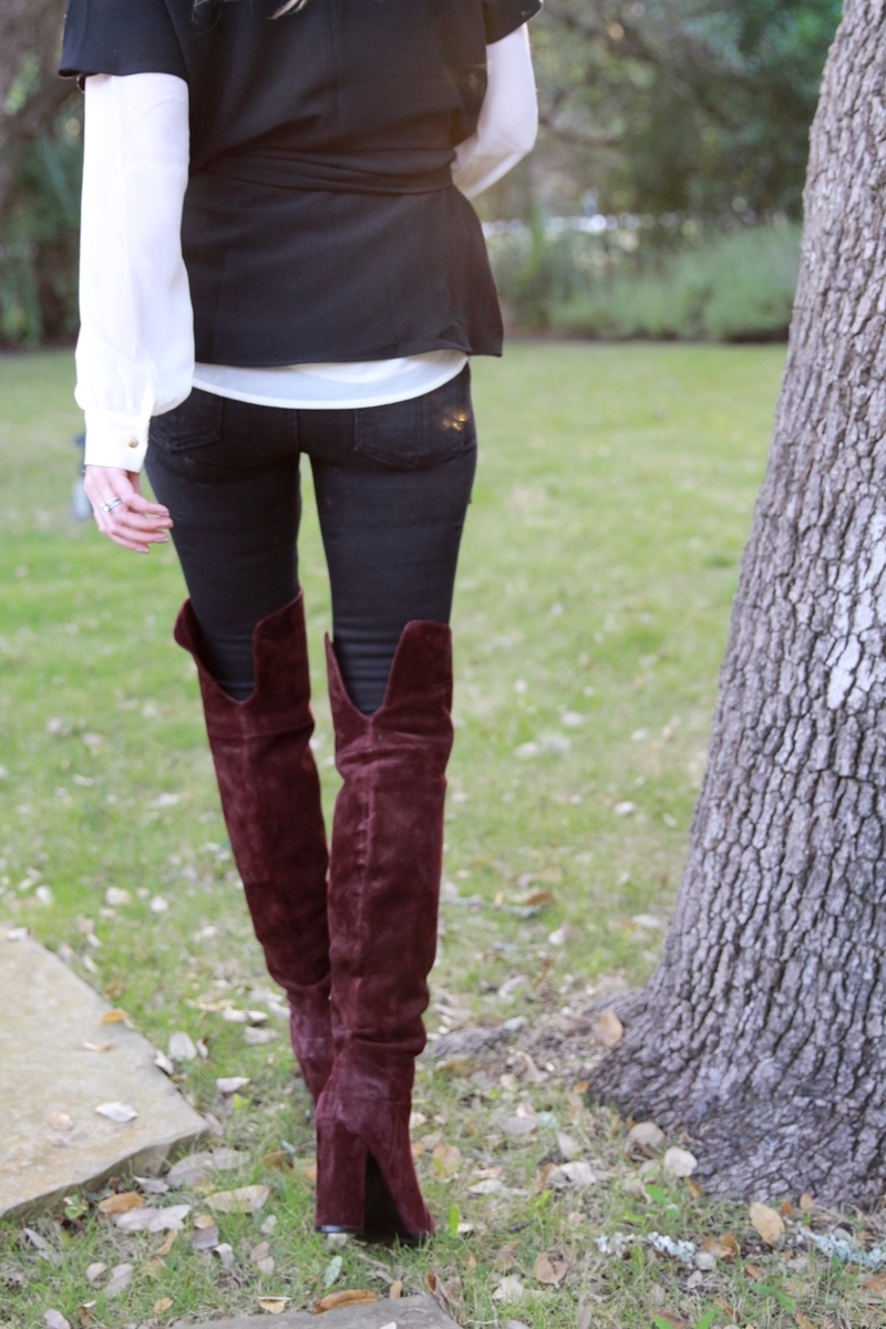 berry toned over the knee boots by Marc Fisher paired with dark wash blue skinny jeans and a chiffon white top