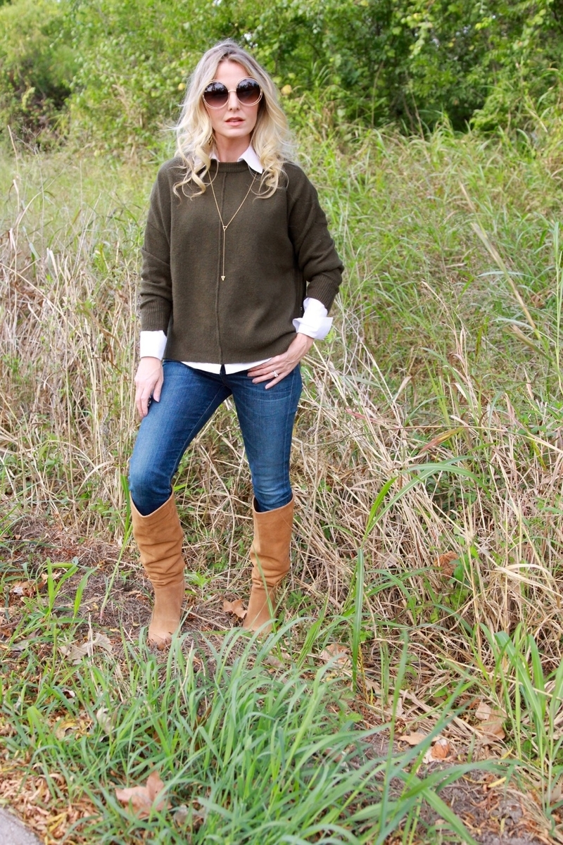 fall scene with dark wash skinny jeans, camel suede scrunchy boots by vince camuto, topshop dark green sweater layered over white button down shirt
