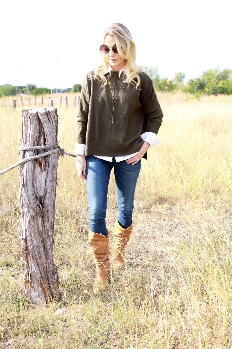 fall scene with dark wash skinny jeans, camel suede scrunchy boots by vince camuto, topshop dark green sweater layered over white button down shirt