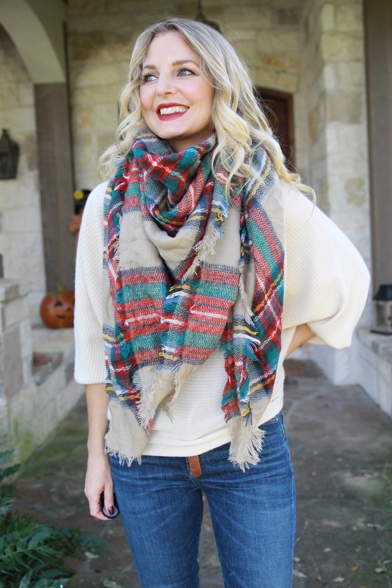 red and green plaid blanket scarf bandana style with v in the front, one of ten ways to wear your scarf