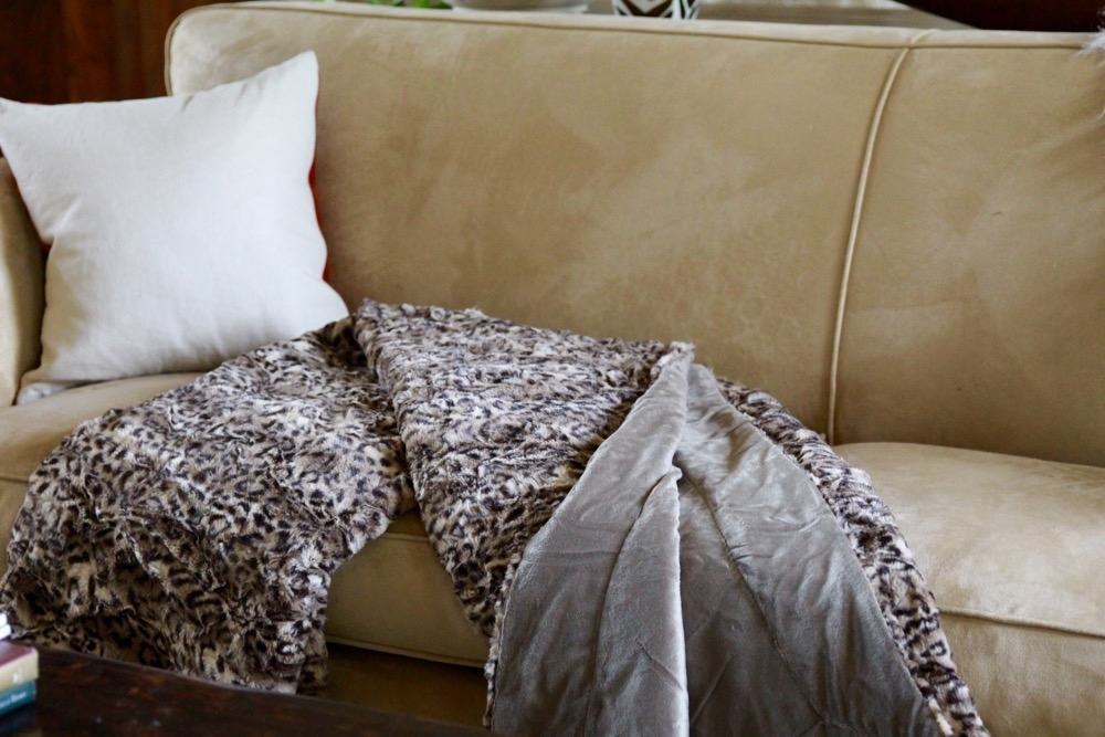 plush, luxe, washable, faux fur blanket by dennis basso from QVC in leopard print and taupe, reversible
