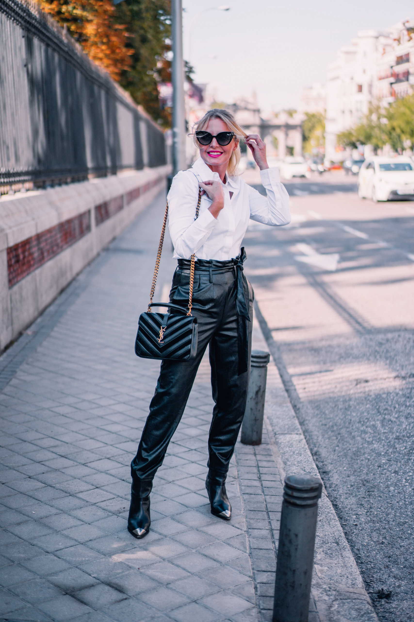 Thanksgiving outfit ideas, leather pants, white button down shirt, Bette bootie