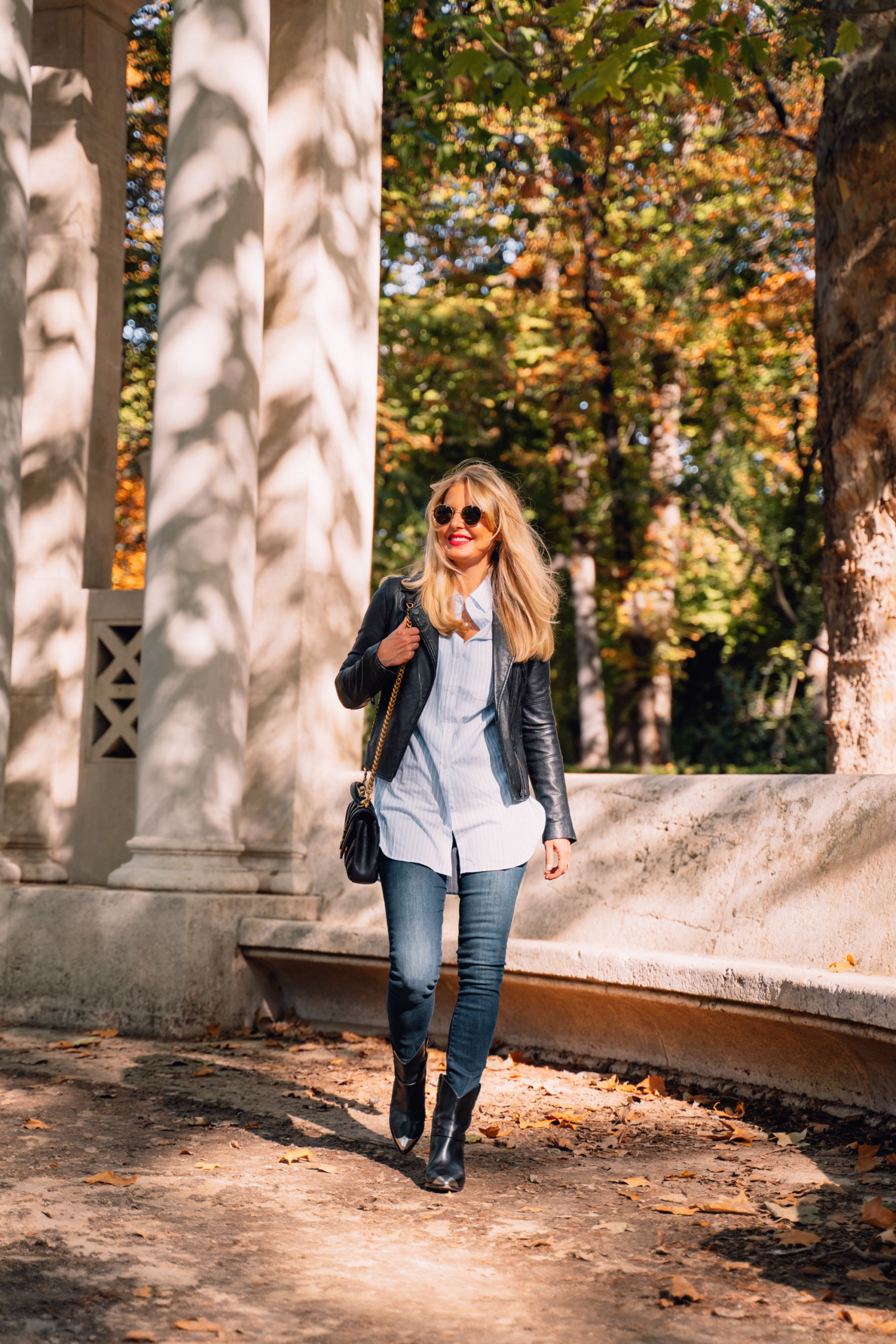 motto jacket, oversized button down, jeans, isabel marant boots, fall Madrid, Thanksgiving outfit ideas