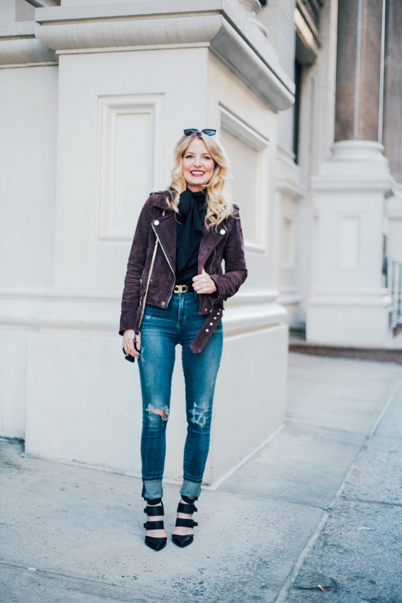 best selling moto jacket, suede by blank nyc, blank babes, model citizen, high rise, skinny jeans with black booties