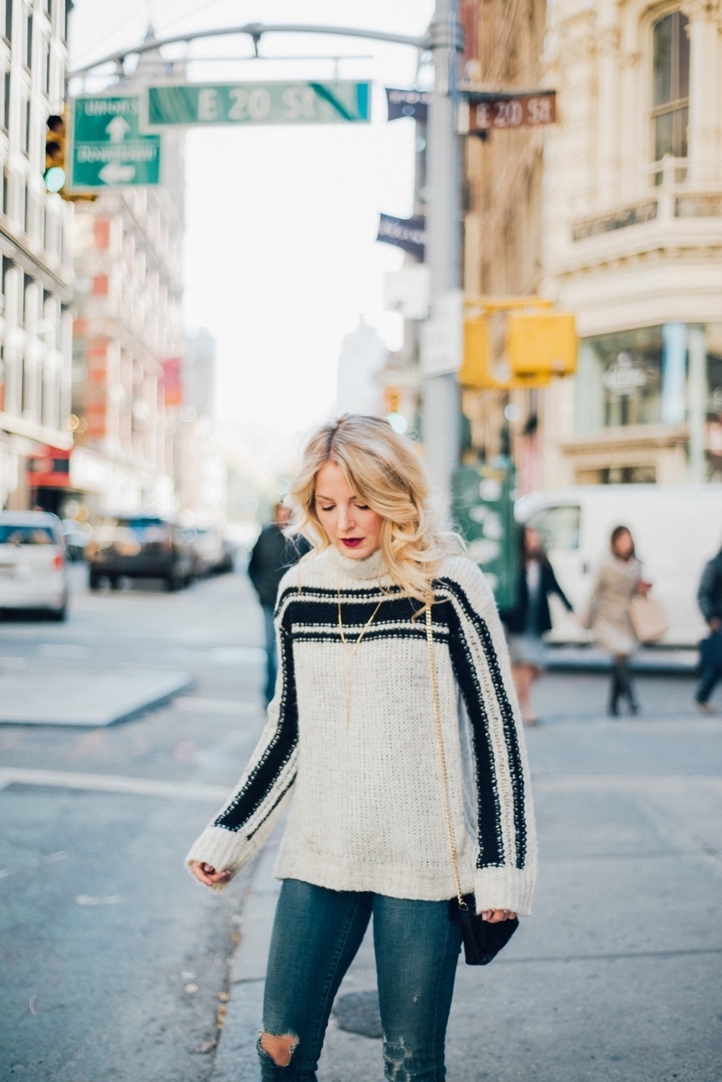 erin busbee with striped, turtleneck sweater by Pam and Gela from Shopbop and gorjana lariat necklace 