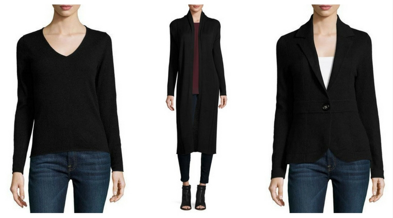 sweater selection from Neiman Marcus Last Call that are cashmere and black, including a duster cardigan with long sleeves, a sweater that looks like a blazer and a v-neck pullover