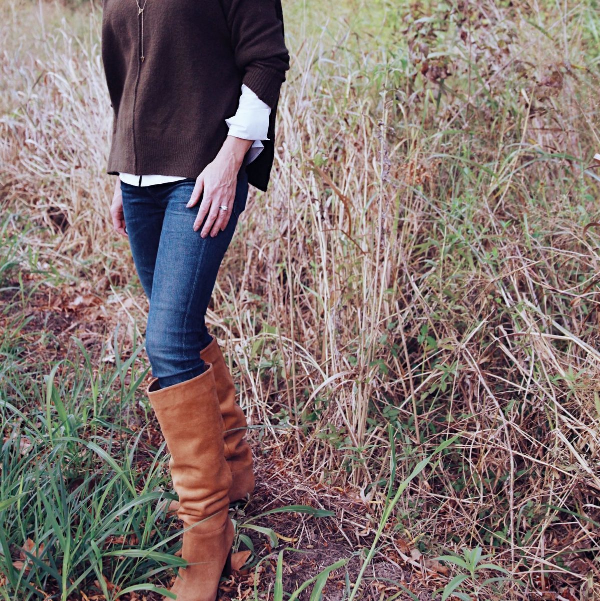 Wearing the camel colored suede slouchy sam edelman boots that are on now on SALE from Nordstrom with skinny jeans and a topshop olive green sweater