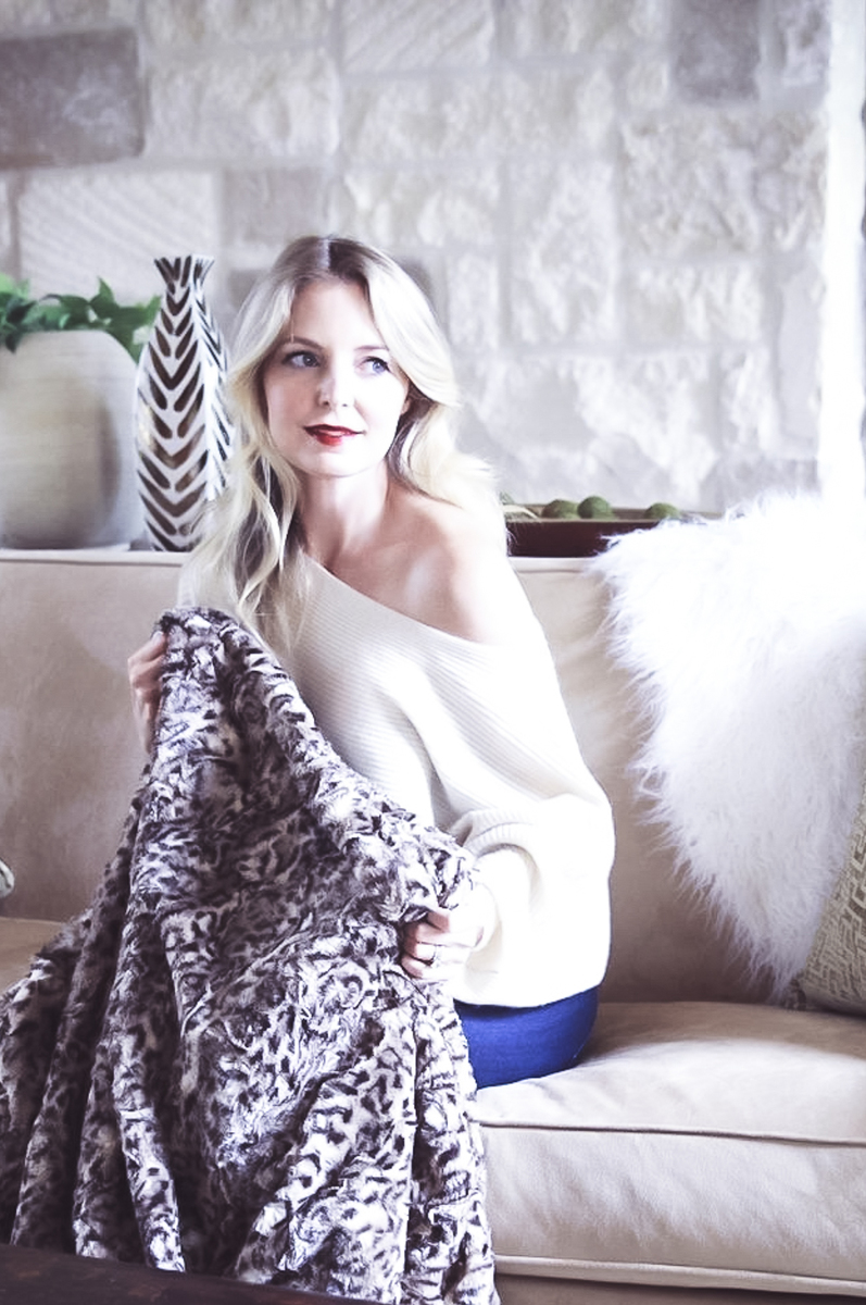 Holiday gift ideas with fashion blogger Erin Busbee of Busbee Style featuring QVC throw blanket in faux fur leopard print and Konjac sponges for face