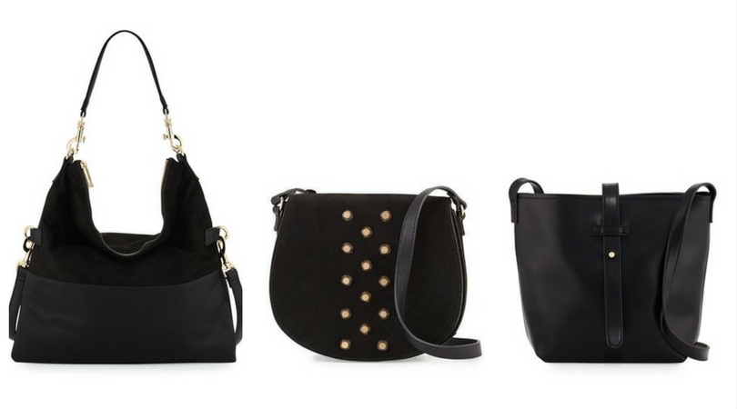 some great everyday handbags in black from neiman marcus last call included a studded option, a bucket bag and a crossbody bag