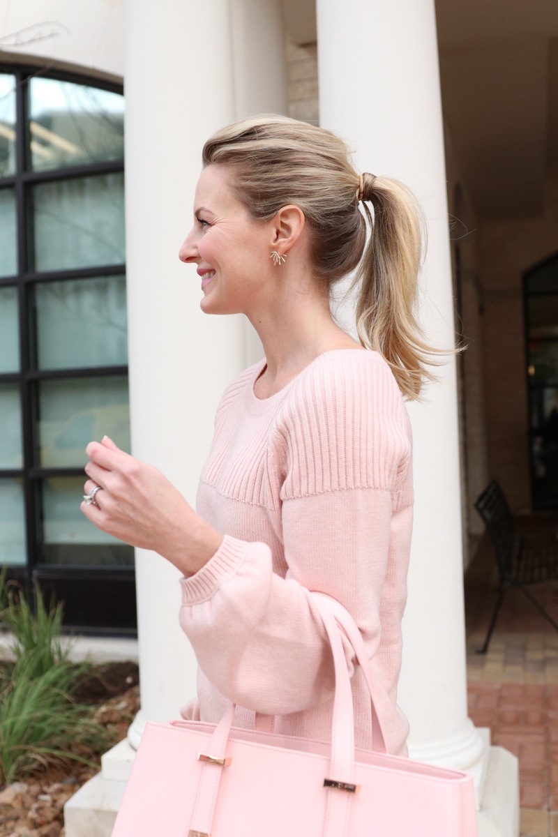 pink on pink, a pink sweater paired with a pink handbag by ted baker, both from nordstrom