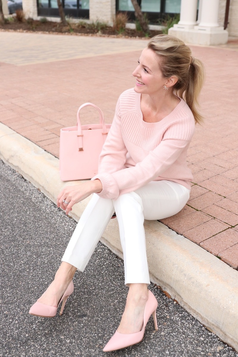 winter white petite pants ankle trousers by vince camuto, look great paired with pastels, like this ted baker bag in pink 