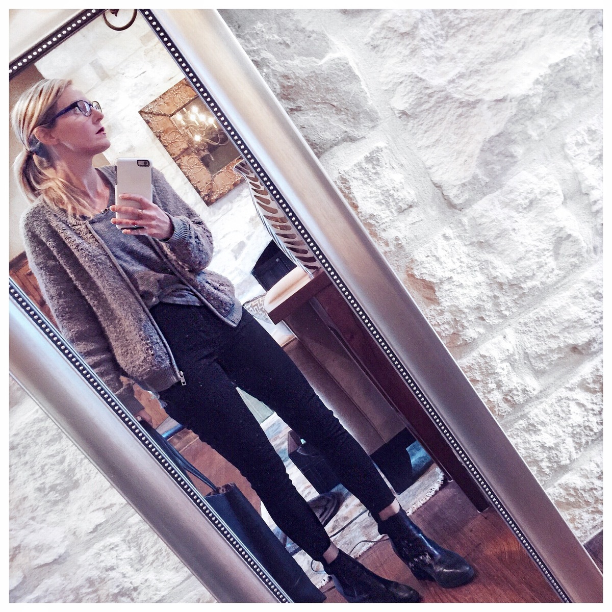 A go-to color combo: black and gray. My comfy WHo What Wear bomber sweater jacket over a gray heathered t-shirt, with black distressed jeans by madewell and some ash wedge booties from nordstrom and shopbop