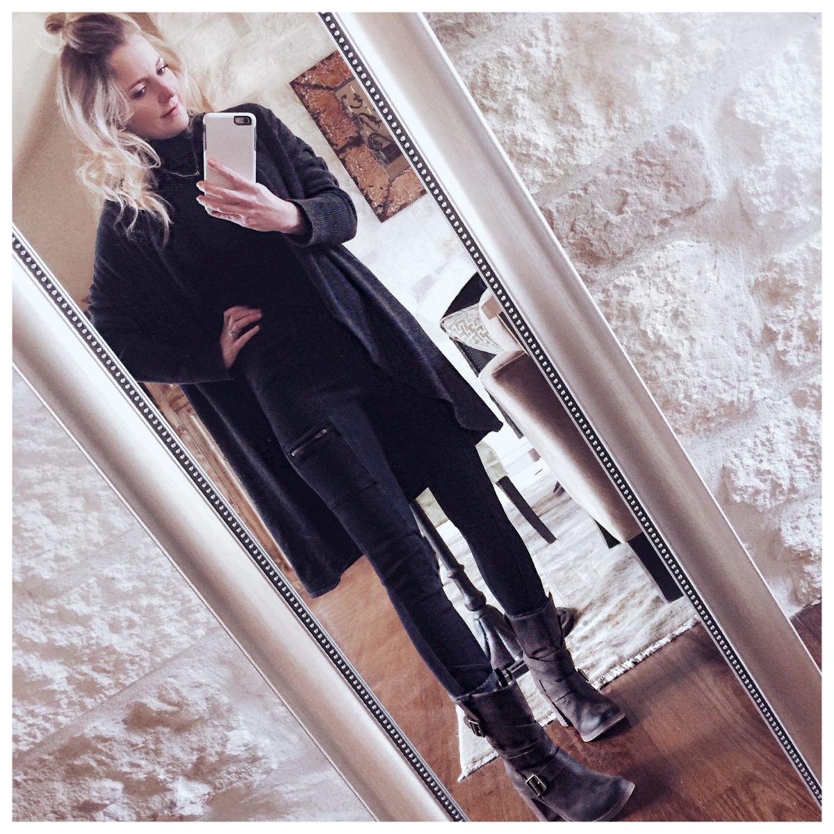 Black basics work well for my weekend trip to the ranch. I paired black cargo leggings by spanx that look more like jeans, with a black turtleneck from nordstrom and a cocoon cardigan by Leith with moto buckle boots by Jeffrey Campbell