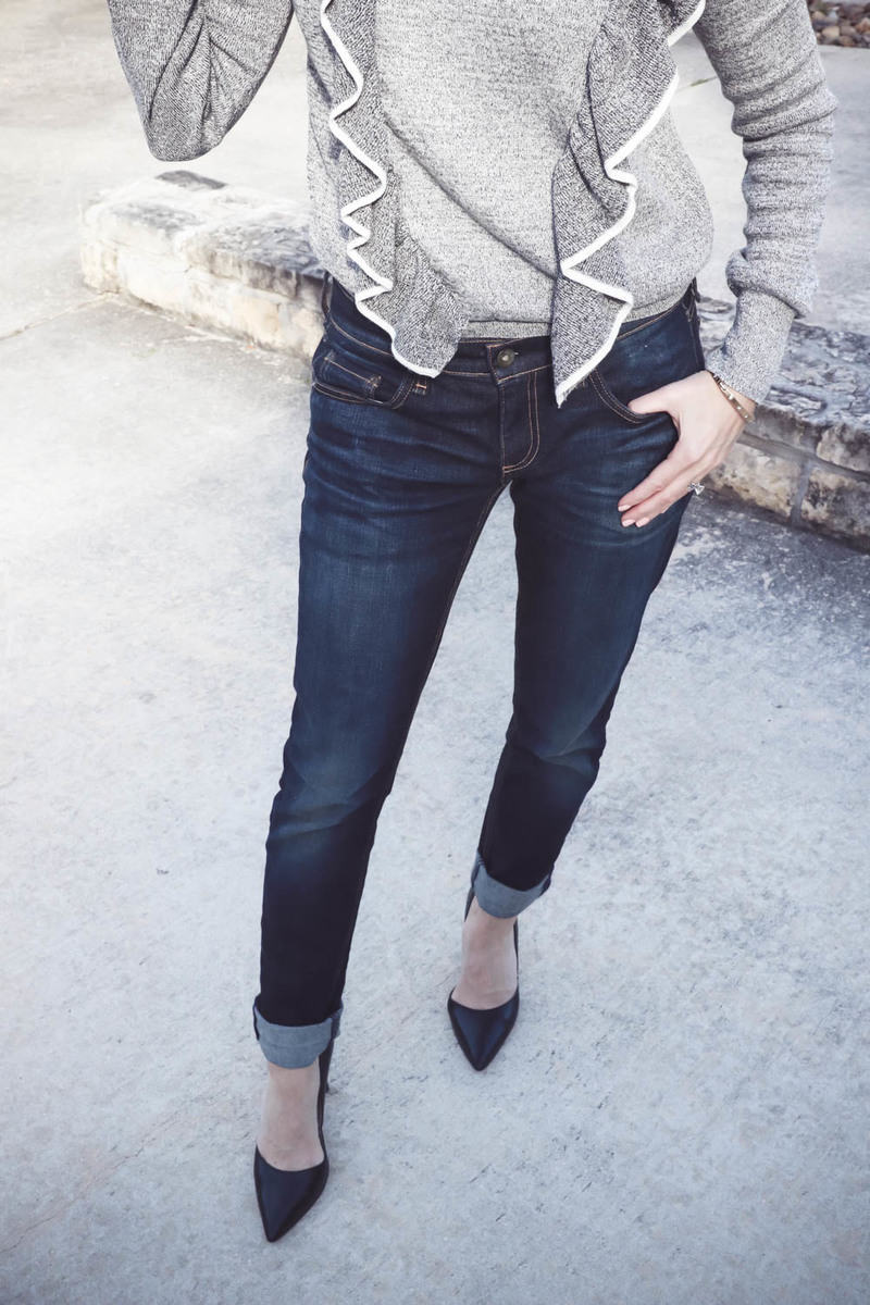 how to wear boyfriend jeans. Offset masculinity with a ruffle topshop sweater and pumps by louise et cie from nordstrom
