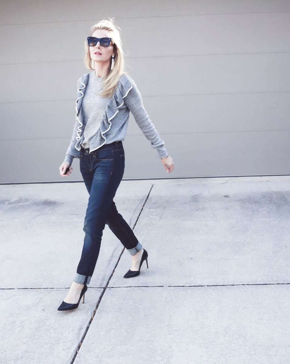how to wear boyfriend jeans. Offset masculinity with a ruffle topshop sweater and pumps by louise et cie from nordstrom 