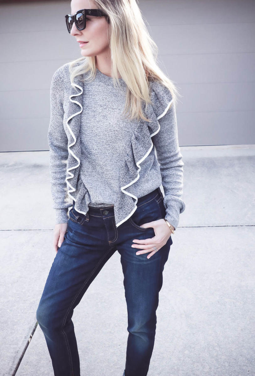 how to wear boyfriend jeans. Offset masculinity with a ruffle topshop sweater and pumps by louise et cie from nordstrom 