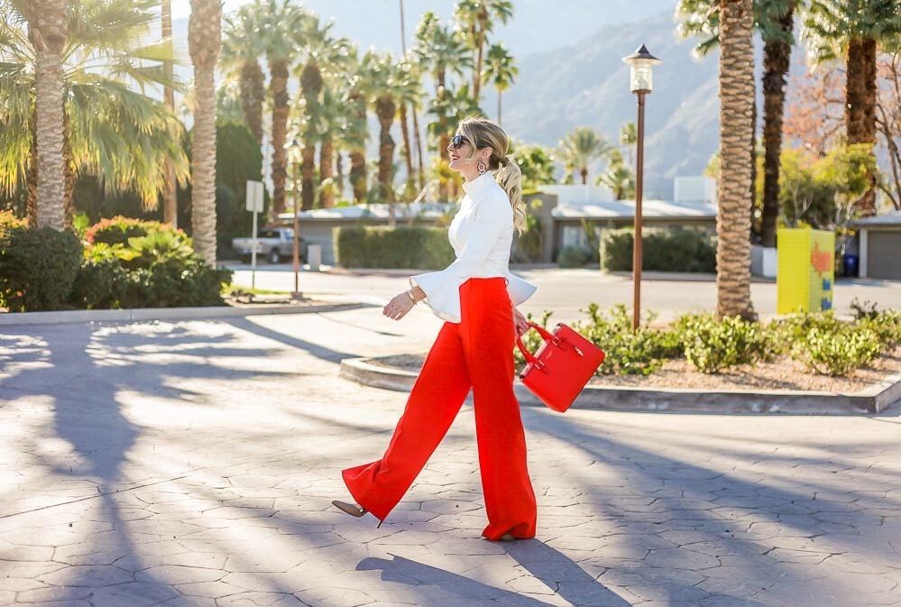 Bright Pants by BCBG are an awesome color pop. I paired these high rise, wide leg trousers with a bell sleeve white fitted top from Chicwish, some wayfarer sunglasses and a bright red handbag from Henri Bendel