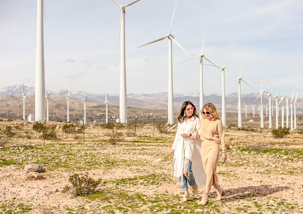erin busbee and style of sam fashion bloggers in palm springs at the wind farm, wearing a nude, beige, ribbed sweater set, chloe round sunglasses, and python nude pour la victoire booties