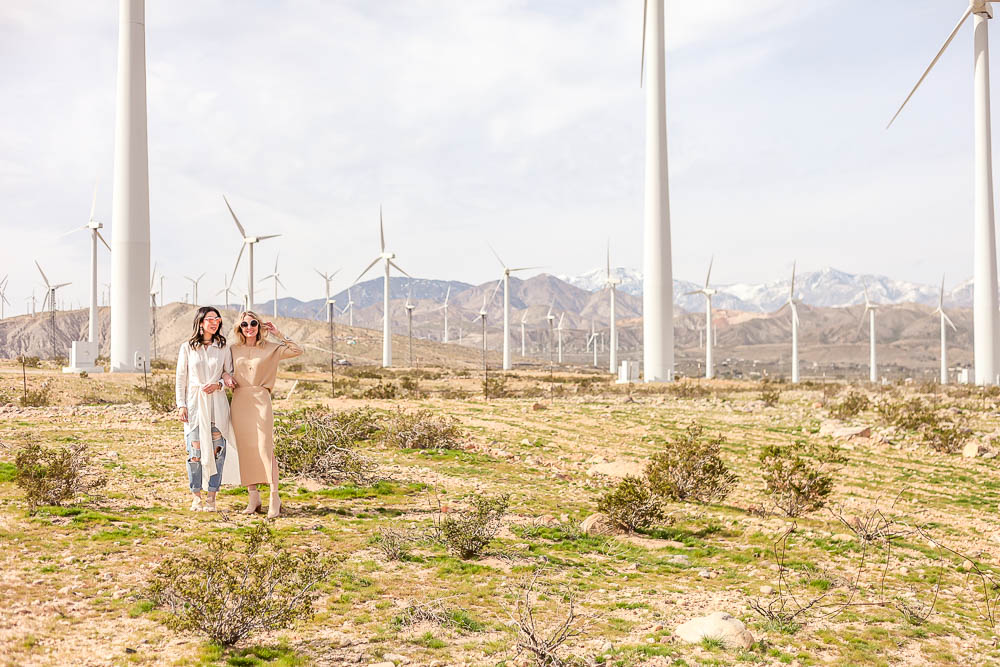 erin busbee and style of sam fashion bloggers in palm springs at the wind farm, wearing a nude, beige, ribbed sweater set, chloe round sunglasses, and python nude pour la victoire booties