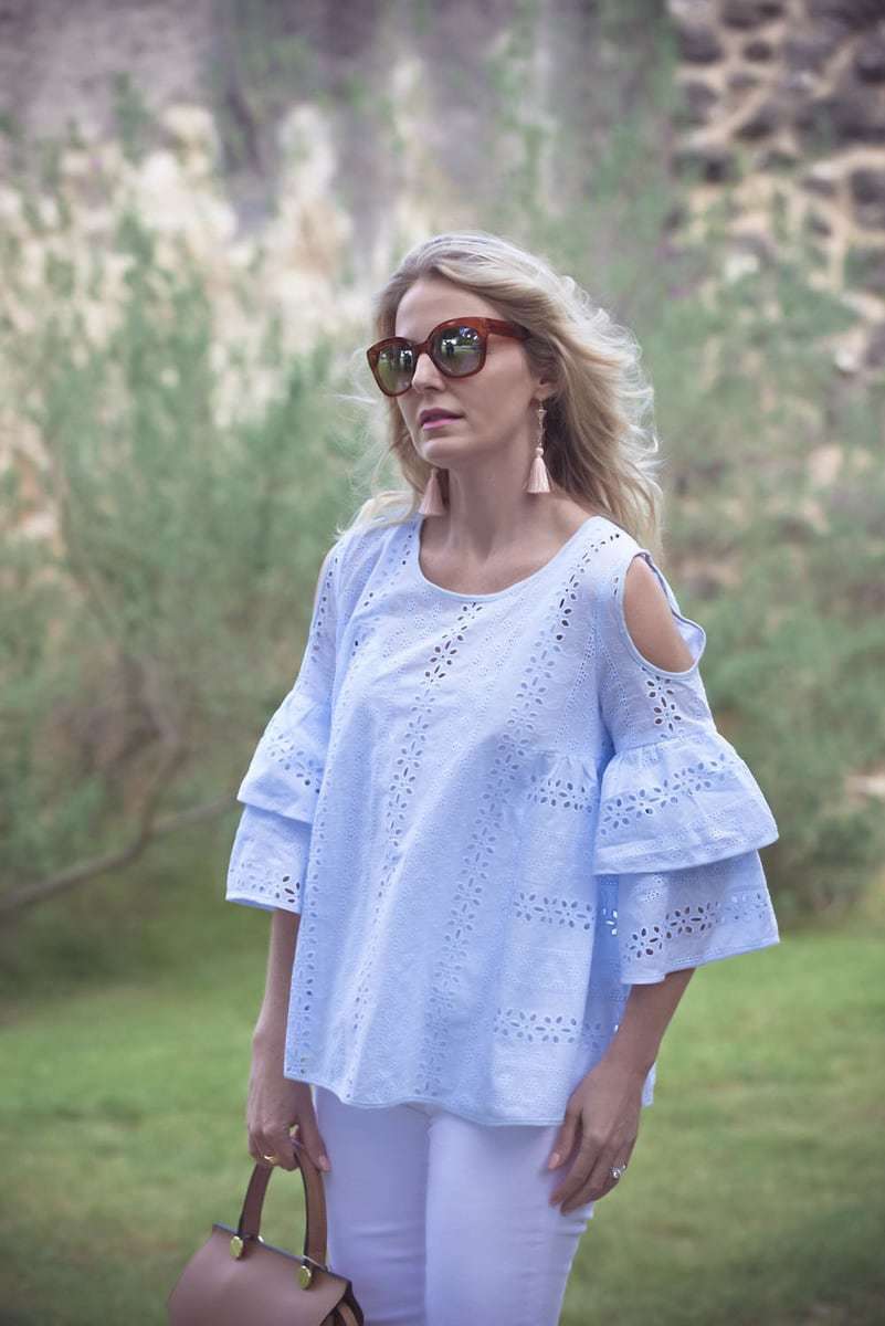 Spring top trends this spring fashion season curated by Erin Busbee fashion blogger and youtuber from Busbeestyle including ruffle tops, off shoulder tops, and cold shoulder tops from Neiman Marcus Last Call