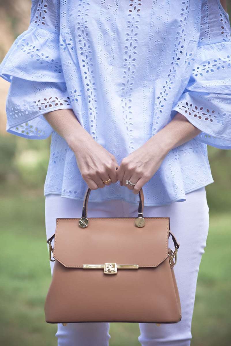 Spring top trends this spring fashion season curated by Erin Busbee fashion blogger and youtuber from Busbeestyle including ruffle tops, off shoulder tops, and cold shoulder tops from Neiman Marcus Last Call